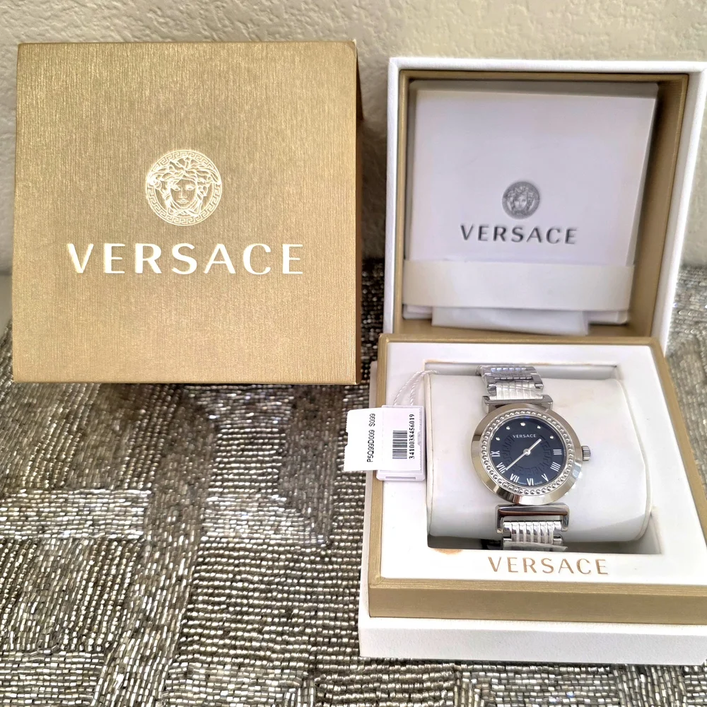 NEW Versace Swiss Made Stainless Black Dial Silver Bracelet Women's Wristwatch